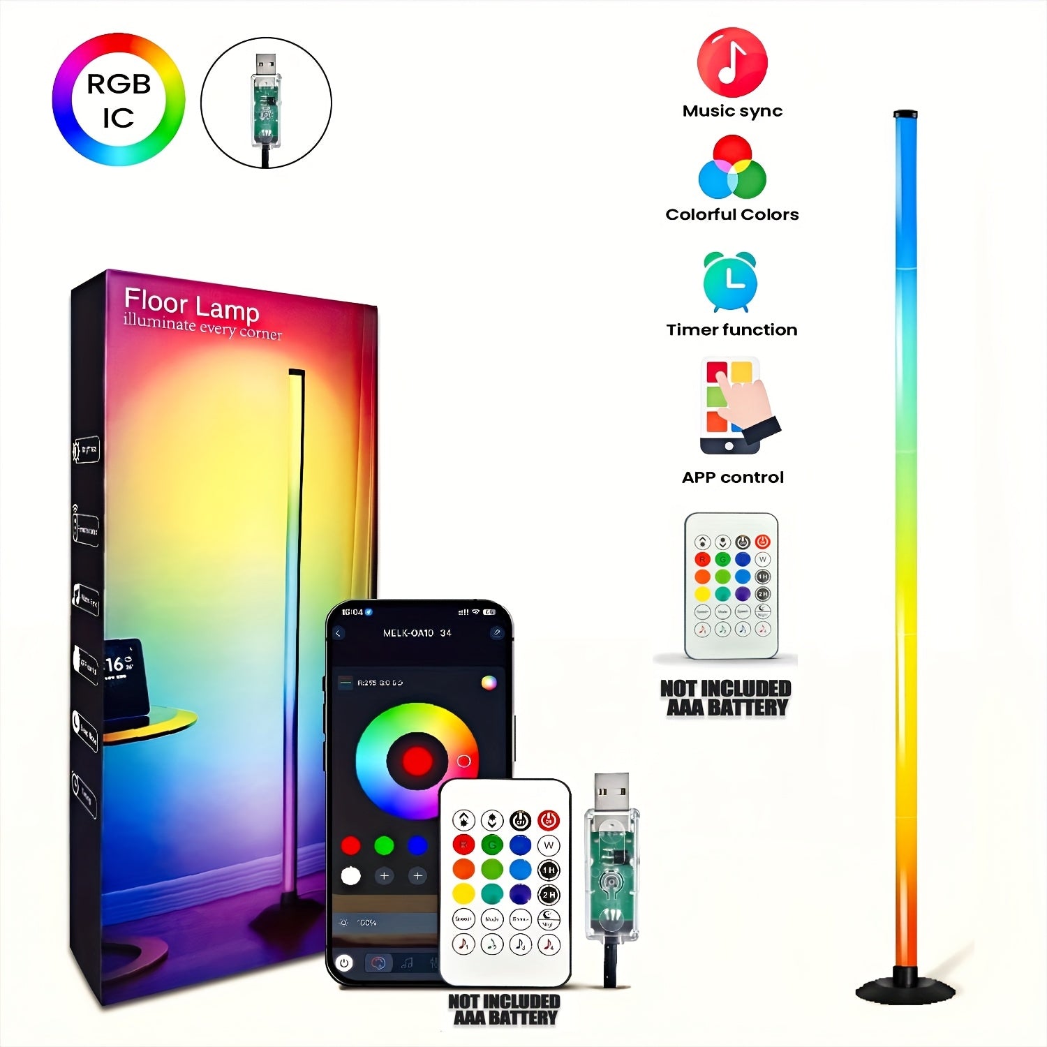 Smart RGB IC LED Floor Lamp - Ovládanie cez Appku a Diaľkový Ovládač, Music Sync